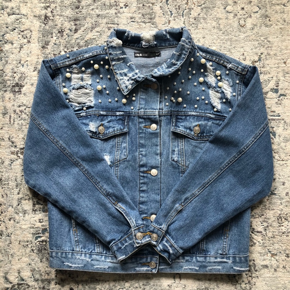 INA Distressed Studded Pearl Jean Jacket